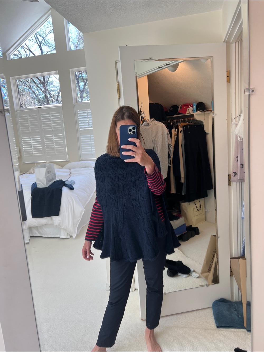 Women's Navy Cable-Knit Poncho Sweater